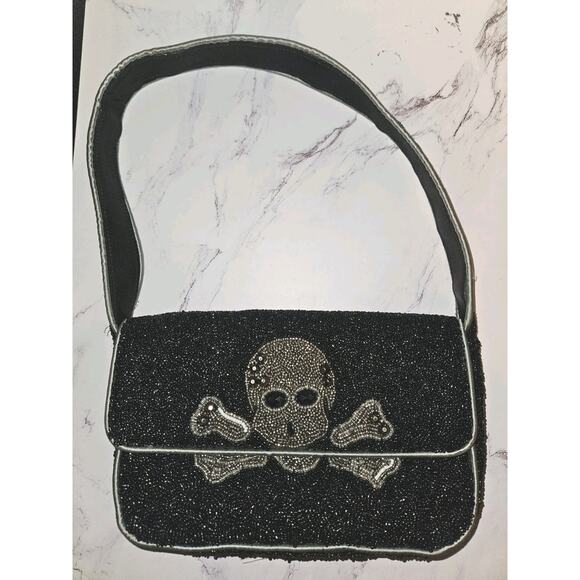 Viral Black Beaded Skull & Crossbones Shoulder Bag Made In India 9.5x6.5 - Picture 3 of 11